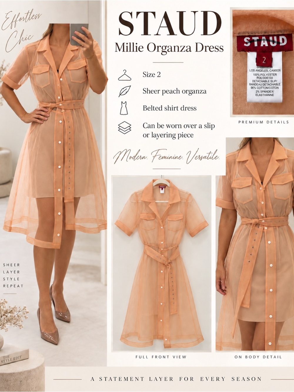 STAUD Millie Sheer Organza Shirt Dress in Peach